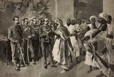 General Tancredi Saletta offering sword to Kantibai, Chief of Abab, Massawa, Eritrean War, engraving by Ernesto Mancastroppa from drawing by G Amato, from L
