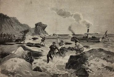 Killing of Lieutenant Carlo Zavagli in Warsheikh, Somalia, April 24, engraving by Ernesto Mancastropa from drawing by Gennaro Amato, from L