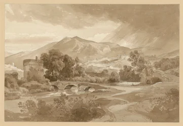 View of Tivoli, with the Anio in the foreground, the Ponte Lucano and the Tomb of the Plautii