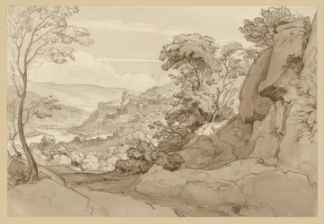 View of Heidelberg Castle, with a rocky slope in the foreground
