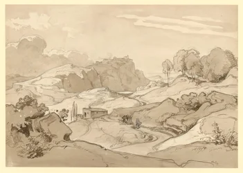 Italian landscape with rocky hills and trees, a hut and staffage figures by the path