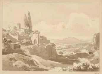 Landscape in the Alban Hills, on the Hill to the Left a Gate and a Church