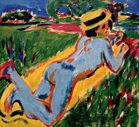 Blue Nude Reclining with Straw Hat by Ernst Ludwig Kirchner