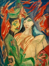 Soldier and Girl Between Colorful Curtains