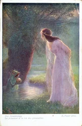 The Frog Prince gives the Princess the golden ball he found in the pond. (Early 20th century)
