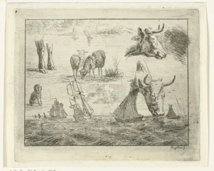 Study Sheet with a Seascape, Two Cow Heads, Sheep, a Dog, and Two Paws