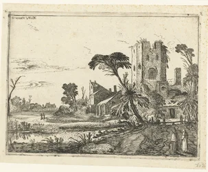 Two Monks on a Path by a Ruined Tower (Lying Landscapes series)