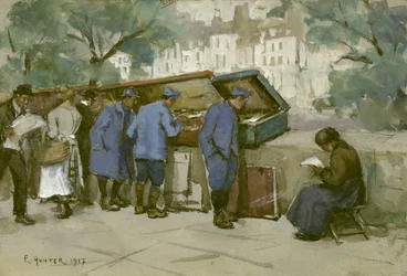 French Soldiers and Bouquinistes Along the Seine, 1917