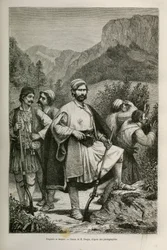 Greek brigands and shepherds, accomplices in the mountains. Drawing by E. Ronjat, to illustrate the story of Henri Belle: Journey to Greece