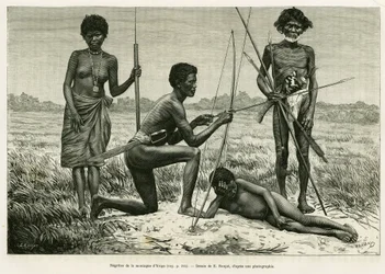 Negritos of Yriga Mountain. Engraving by E.Ronjat to illustrate the story 