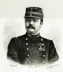 Portrait of Captain Vallière, of the naval infantry, during the expedition to Africa under the command of Gallieni. Engraving by E. Ronjat, after a photograph, to illustrate the story 