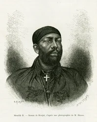 Portrait of Prince Menelik II of Ethiopia (1844-1913). Engraving by Ronjat, after a photograph, to illustrate the story 