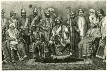 The Kashmir maharajah, Rambhir Sing and his court. Engraving by E. Ronjat, to illustrate the story 