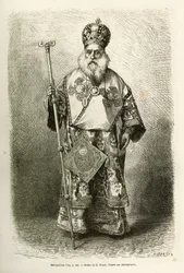 The metropolitan bishop of the new cathedral of Athens (engraving after the drawing of E. Ronjat, to illustrate the voyage to Greece by Henri Belle, 1861-1868-1874, published in 