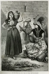 Women carrying jugs, near the well of Hiram in Tyre. Engraving by E.Ronjat, to illustrate the story La Syria d