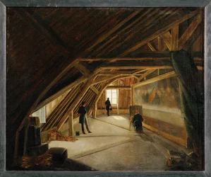 View of the attic of a museum, with a copyist at work