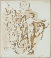 Female Nude Seen from Behind, with Two Putti, Among Acanthus-Leaf Decoration