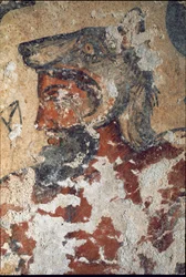 Aita (Eiza), Etruscan god of the Afterlife, wearing a wolf cap, detail of a fresco, 4th century BC