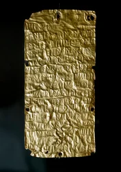 Tablets of Pyrgi in gold engraved with inscriptions in Etruscan language dedicated to the United Goddess. End 6th-beginning 5th century BC. Rome, Museo Nazionale di Villa Giulia