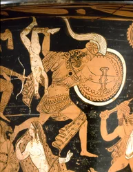 Etruscan antiquity: bell krater depicting the destruction of Troy: detail depicting Neoptolemus throwing Astyanax, son of Hector, over the walls. From Falerii Veteres (Civita Castellana). 350-300 BC. Rome, Museo Nazionale di Villa Giulia