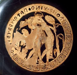 Etruscan antiquity: detail of a kylix depicting Dionysus and Ariadne. From Falerii Veteres (Civita Castellana), 6th century BC. Rome, Museo Nazionale di Villa Giulia