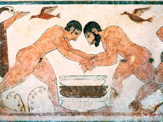 Etruscan Art: Athletes Represented in the Tomb of the Augurs in the Necropolis of Monterozzi Tarquinia, Near Viterbo, Italy