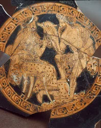 Etruscan antiquity: detail of a kylix depicting Poseidon and Amphitrite. From Falerii Veteres (Civita Castellana), 6th century BC. Rome, Museo Nazionale di Villa Giulia