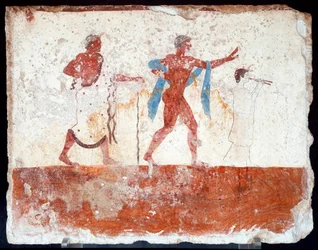 Etruscan art: a young ephebe, a musician and a master of ceremonies. Fresco from the tomb of the "Diver". From the southern cemetery of Paestum. 480-470 BC. National Archaeological Museum, Paestum