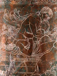 Etruscan Art: Detail of the Bronze Ficoroni Cistus Representing the Legend of the Argonauts: The Ship of Argos. 340 BC. Museo Nazionale di Villa Giulia, Rome