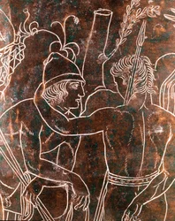 Etruscan art: (detail) of the bronze Ficoroni Cistus representing the legend of the Argonauts. From Preneste (Palestrina). 340 BC. Museo Nazionale di Villa Giulia, Rome