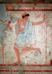 Etruscan art: frescoes representing banquet scenes, (detail) representing a dancer. Tomb of the Triclinium. 5th century BC. National Archaeological Museum of Tarquinia, Italy