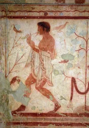 Etruscan art: frescoes representing banquet scenes, (detail) representing a flute player. Tomb of the Triclinium. 5th century BC. National Archaeological Museum of Tarquinia Italy