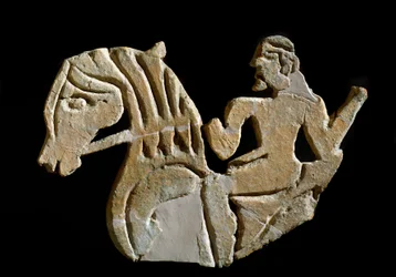 Etruscan civilization: acrotere sculpted in the shape of a rider. 7th century BC From the palace of Murlo. Florence, Soprintendenza Archeologica