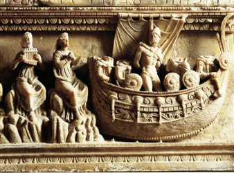 Etruscan civilization, alabaster urn, detail of relief depicting Odysseus and Sirens