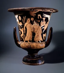 Etruscan Civilization: Terracotta Crater Decor by the Painter of Nazzano Representing Apollo and a Maenad, 350 BC
