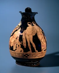 Etruscan Civilization: Terracotta Oenochoe Decorated by the Workshop of the Painter of Alcesti Representing a Young Man Sitting Talking with Two Other People Standing, 360-340 BC from Tarquinia, Italy