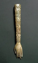 Front arm or handle of flabellum (liturgical fan) in ivory. From the tomb Barberini at Preneste (Palestrina). 7th century BC. Rome, Museo Nazionale di Villa Giulia