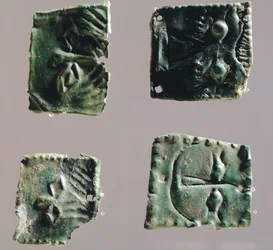 Ex-voto in bronze plate depicting eyes. Artefacts from the objects of the Sanctuary of Reithia Este (Venetia). Etruscan Civilization, 5th-4th Century BC.