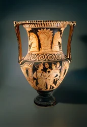 Kelebe or Column Krater, by the Asciano Painter, Depicting a Young Girl Receiving a Flabellum