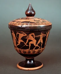 Pyxis with representation of scene of palaestra, terracotta, 520-500 BC