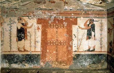 Two Characters Greeting Near the Gate Symbolizing the Entry into the Kingdom of Death