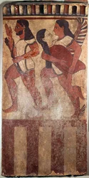 Etruscan Art: Plate painted terracotta called Plaque Campana: an archer, a genie wing bearing a feminine figure