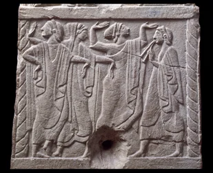 Relief with dancers from a marble milestone of Chiusi, Italy, 6th Century BC
