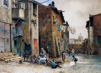 Medieval houses in Via della Lungaretta in Rome, by Ettore Roesler Franz (1845-1907), watercolor, Italy