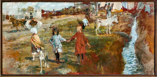 Country Landscape with Children and Dog, a Donkey by the River