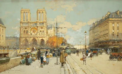 Figures on a Sunny Parisian Street, Notre Dame at Left