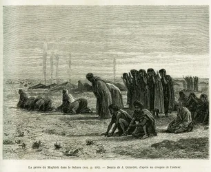 The Moghreb prayer in the Sahara. Engraving by J.Girardet, to illustrate the story 