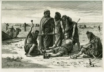 The irons on the feet. Engraving by Eugène Girardet, to illustrate the story Five months among the nomadic Moors of the Western Sahara, in 1887, by Camille Douls, in Le Tour du monde 1888, under the direction of Édouard Charton (1807-1890), Hachette