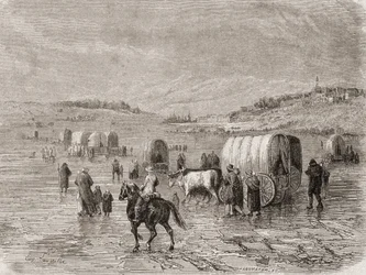 A Wagon Train Heading West in the 1860s, engraved by Stephane Pannemaker