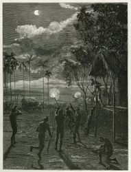 Dr. Harmand awakens in the middle of the night by the noise of the rifles of the indigenous Khas, shooting at the moon subjected to an eclipse, at Attopeu (Laos), engraving by Eugene Burnand, to illustrate the story of Laos and the wild populations of Indo